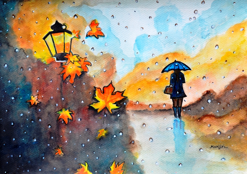 Autumn Rain vibrant colorful watercolor painting