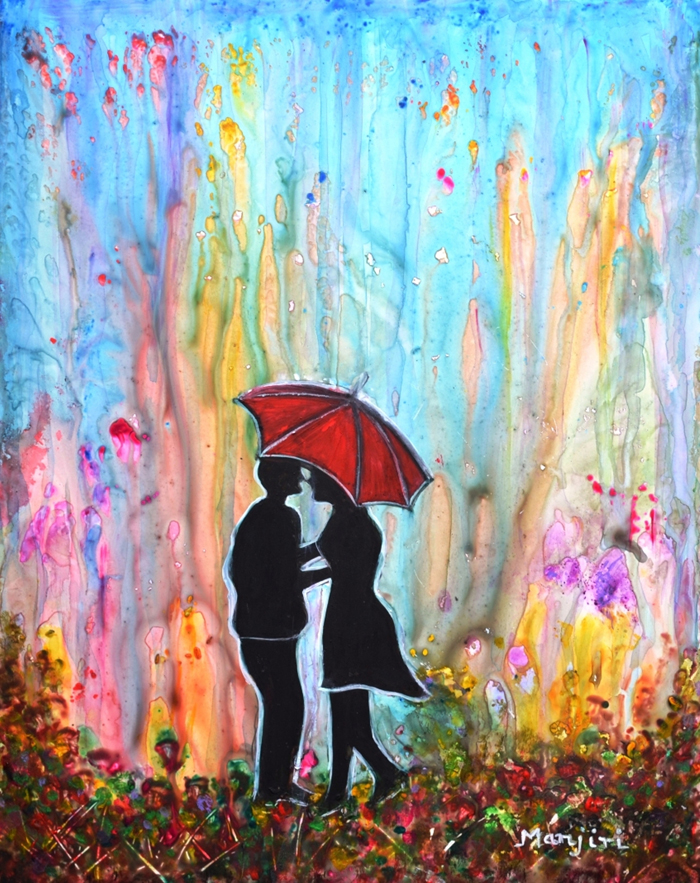 COUPLE ON A RAINY DATE ROMANTIC PAINTING FOR VALENTINE