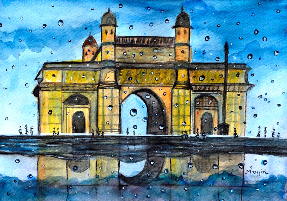 Gateway of India rainy watercolor landscape painting