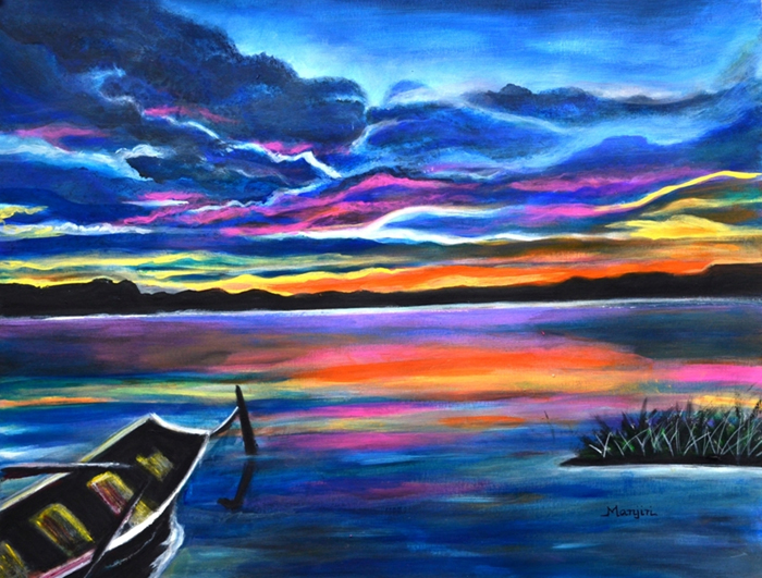 LEFT ALONE A SEASCAPE BOAT PAINTING AT SUNSET