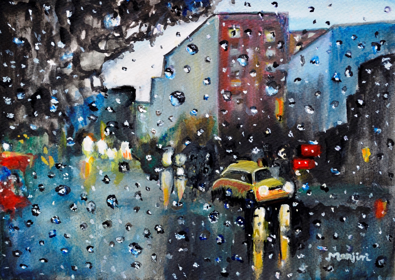 Long Drive in the rain romantic watercolor