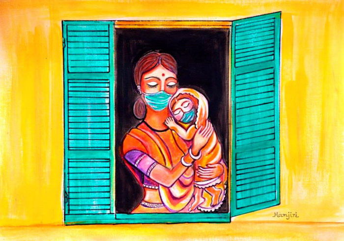 Mother and child window to the world pandemic art
