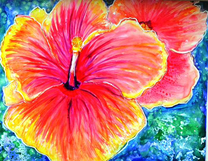 PINK HIBISCUS FLORAL PAINTING ON YUPO