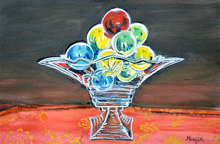 STILL LIFE CHRISTMAS BAUBLES IN GLASS VASE WATERCOLOR PAINTING