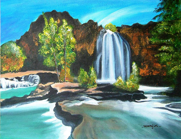 THE WATERFALL LANDSCAPE PAINTING ON CANVAS BOARD