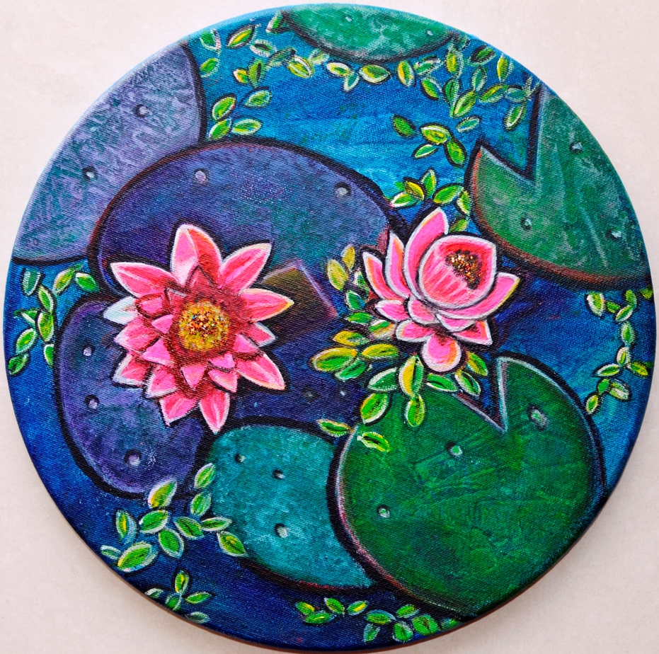 Waterlily pond floral textured acrylic painting on round canvas