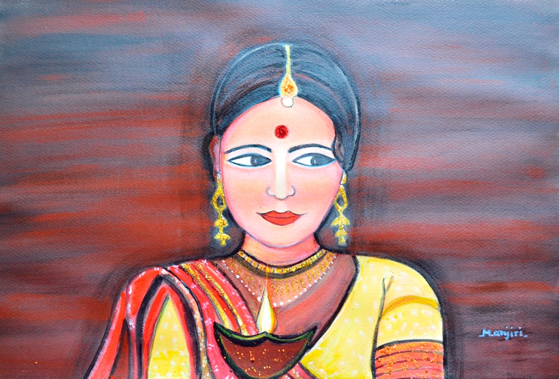Indian Lady with a lamp glittering figurative